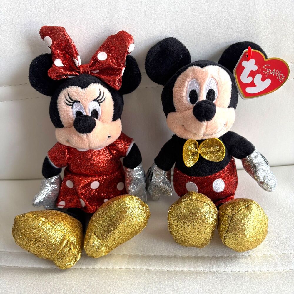 TY Sparkle Beanie Baby Collection Disney 8" Mickey & Minnie Mouse Plush Set #P2